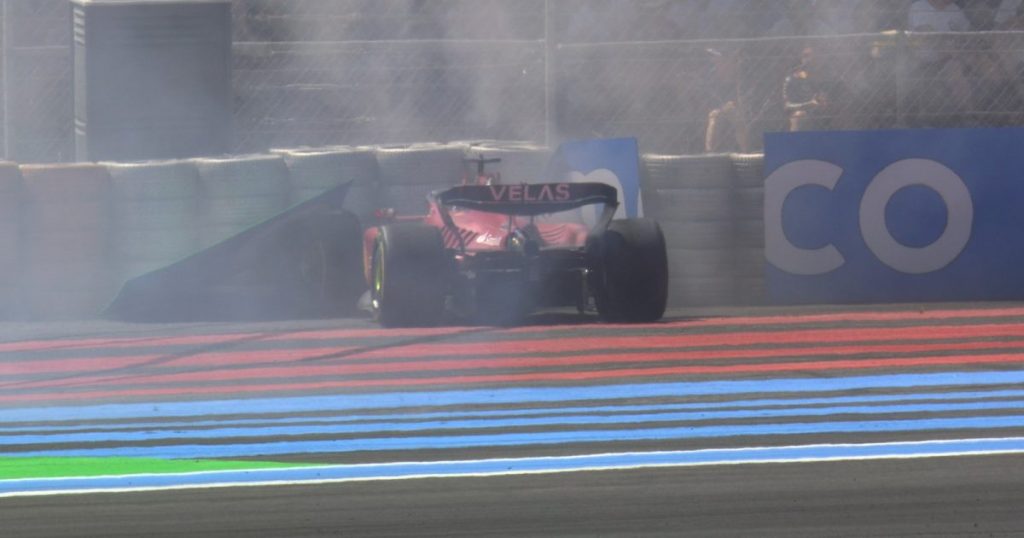 Charles Leclerc having crashed into the wall at the 2022 French Grand Prix at Paul Ricard.