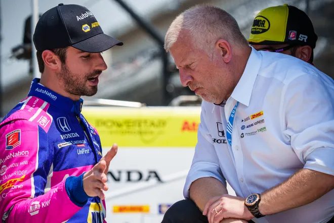 Alexander Rossi having a discussion at Mid-Ohio last week. 