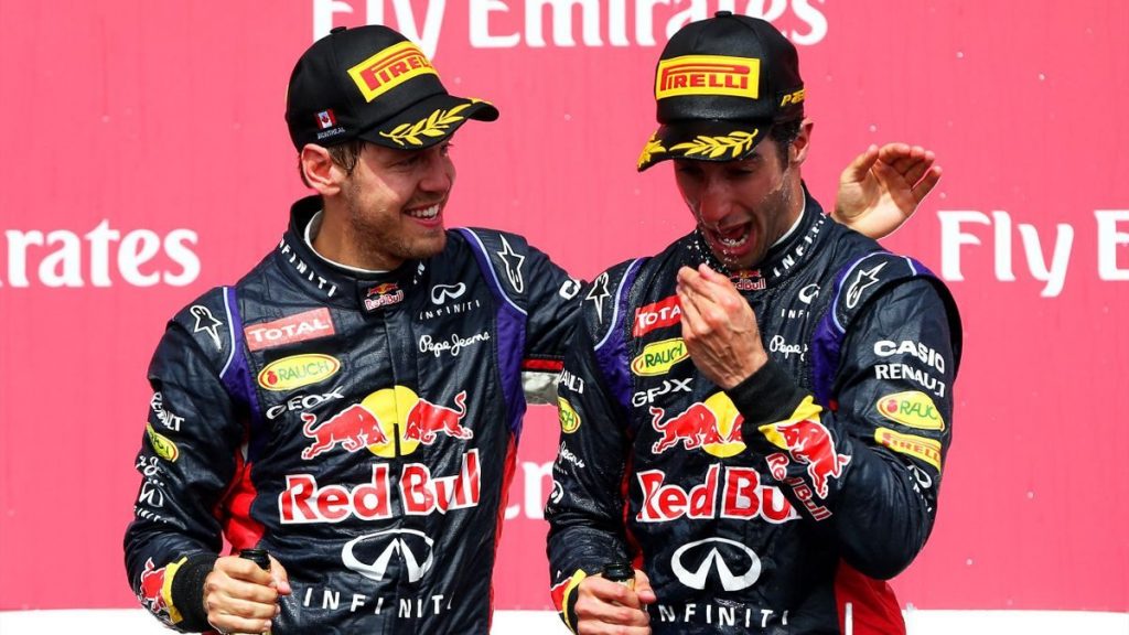 Sebastian Vettel congratulating Daniel Ricciardo's first win in Canada 2014.