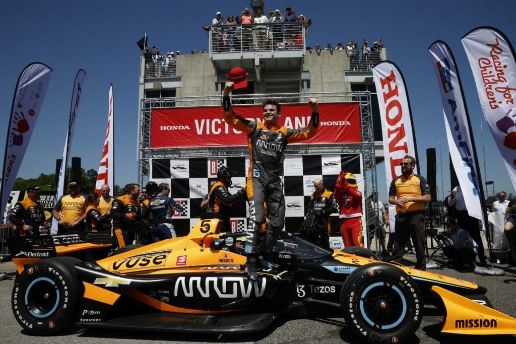 Pato O'Ward's first IndyCar win in Texas in 2021.