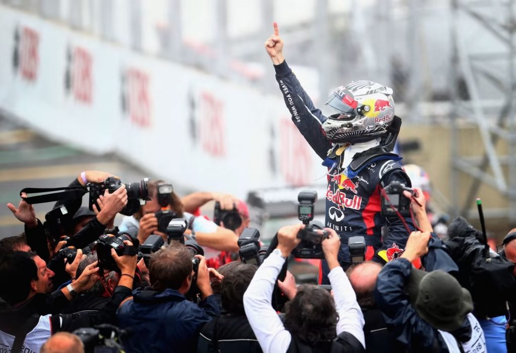 Vettel's finger point as he celebrated his third World Championship at Brazil in 2012.