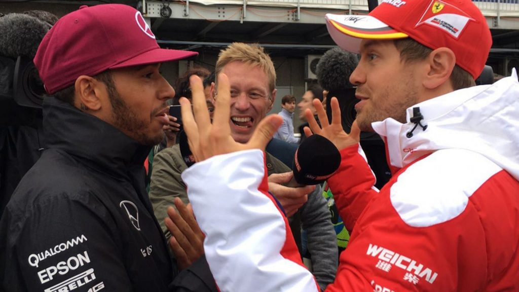 Hamilton, Vettel and Simon Lazenby of Sky Sports F1, joking about the seagulls on track during the 2018 Canadian Grand Prix.