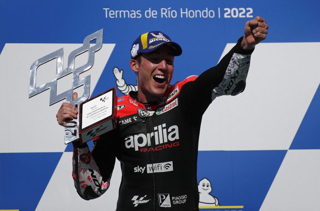 Aleix Espargaro celebrating his first GP win in Argentina back in April.