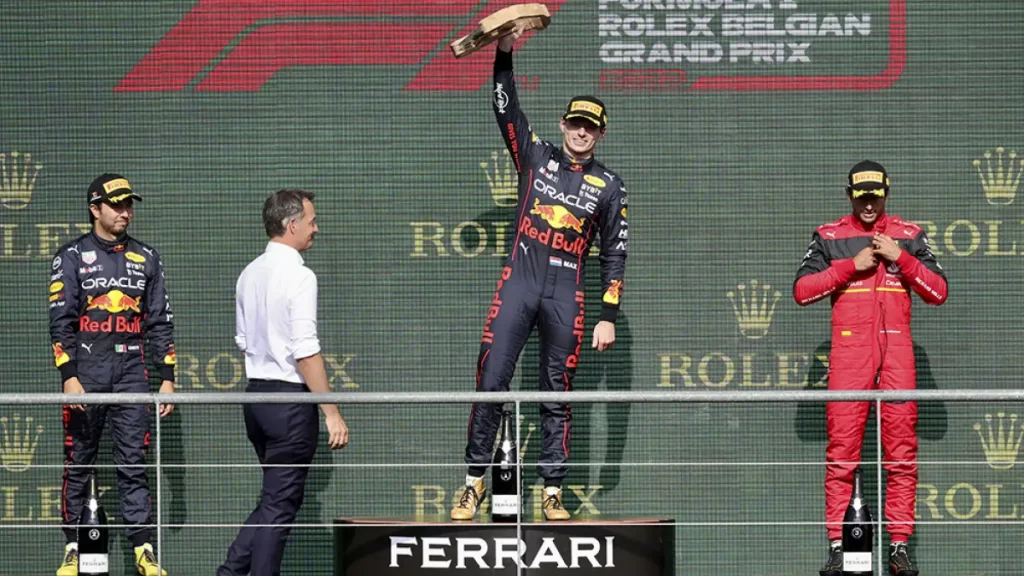 Max Verstappen celebrating on the Belgian GP podium in Spa. 