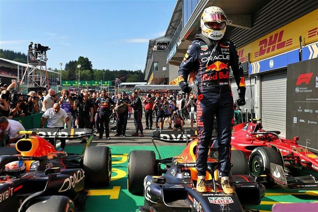 Max Verstappen on top of his car after winning the Belgian Grand Prix.