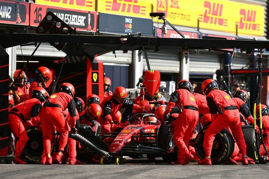 Charles Leclerc taking an early pitstop after a tear-off landed in his brake-cooling system. 