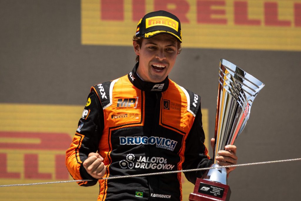 Felipe Drugovich celebrating a win in F2.