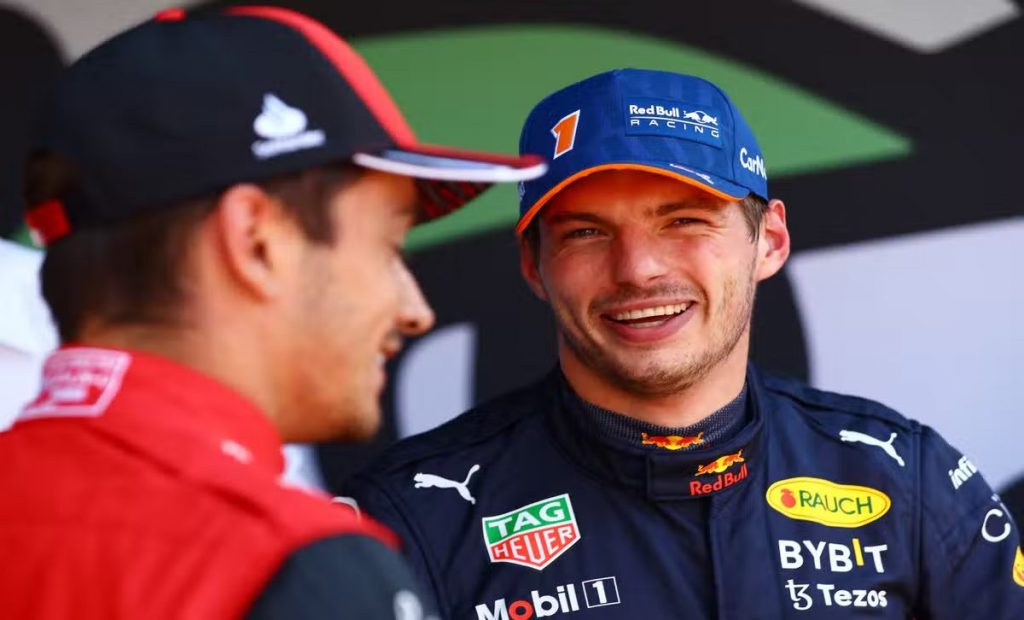 Max Verstappen joking with Charles Leclerc