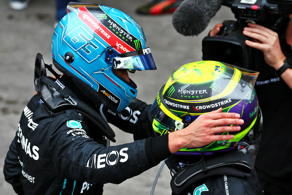 George Russell and Lewis Hamilton celebrating after Mercedes 1-2 finish at Brazil in 2022.