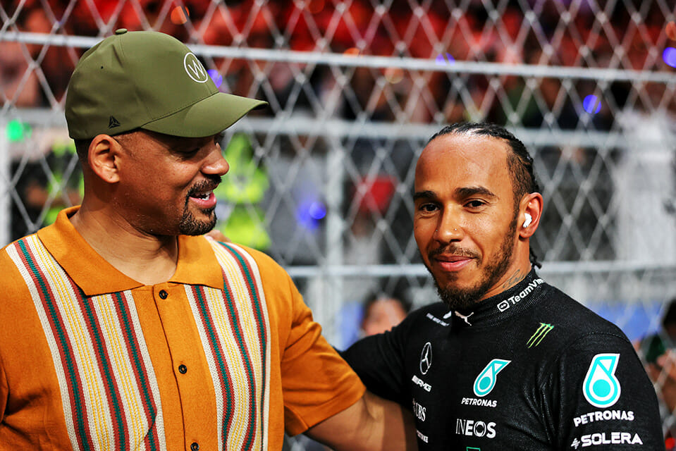 Will Smith and Lewis Hamilton arm-in-arm at the Saudi Arabia 2022 GP.