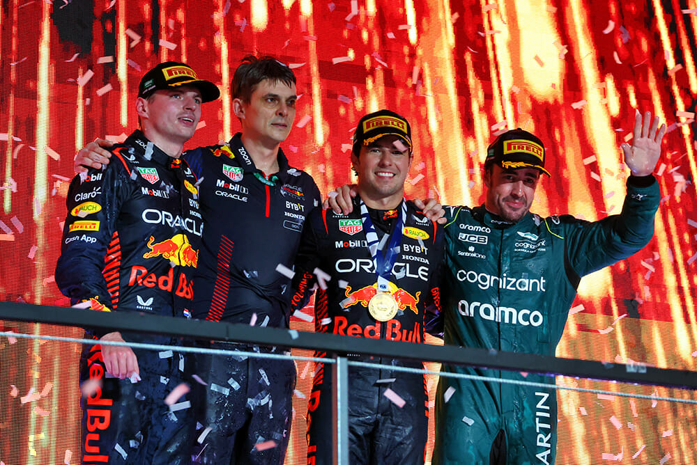 Max Verstappen, Sergio Perez and Fernando Alonso on the Saudi Arabia podium!